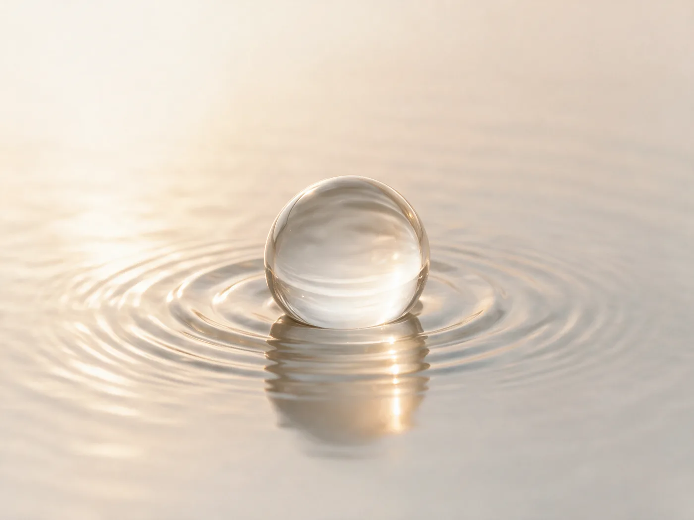 A glass sphere resting on still water, catching warm light